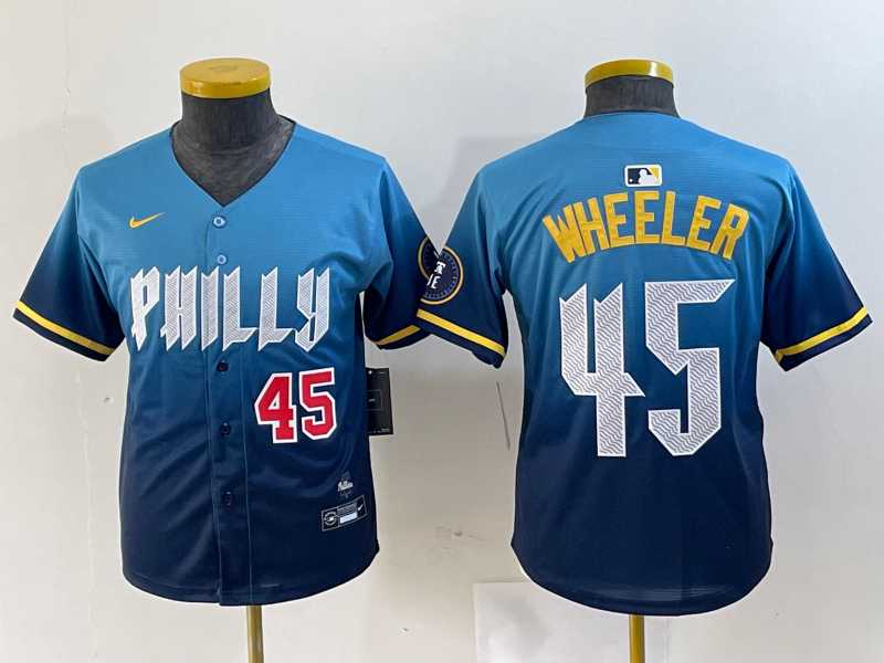 Youth Philadelphia Phillies #45 Zack Wheeler Blue 2024 City Player Number Cool Base Stitched Jerseys,We sell and wholesale Youth Philadelphia Phillies #45 Zack Wheeler Blue 2024 City Player Number Cool Base Stitched Jerseys on line form chian!